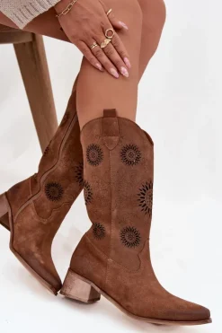 Clearance Zazoo Ażurowe Kozaki Damskie Z Naturalnego Zamszu Na Klocku 3793 Brązowe