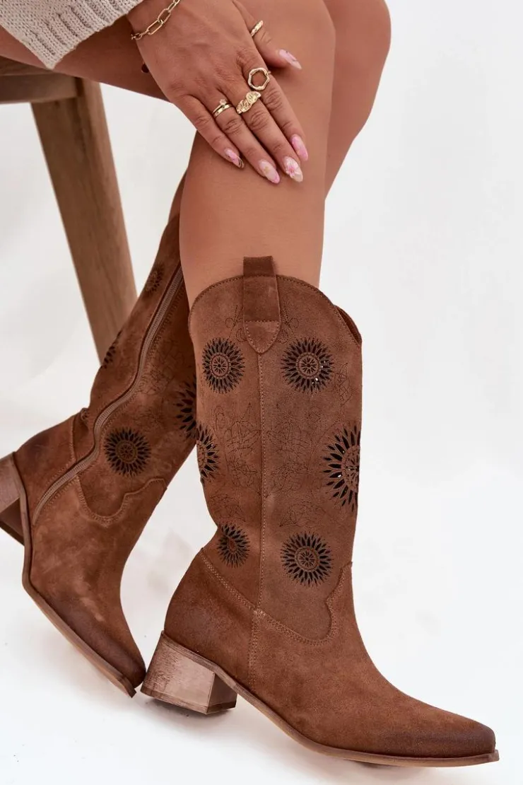 Clearance Zazoo Ażurowe Kozaki Damskie Z Naturalnego Zamszu Na Klocku 3793 Brązowe