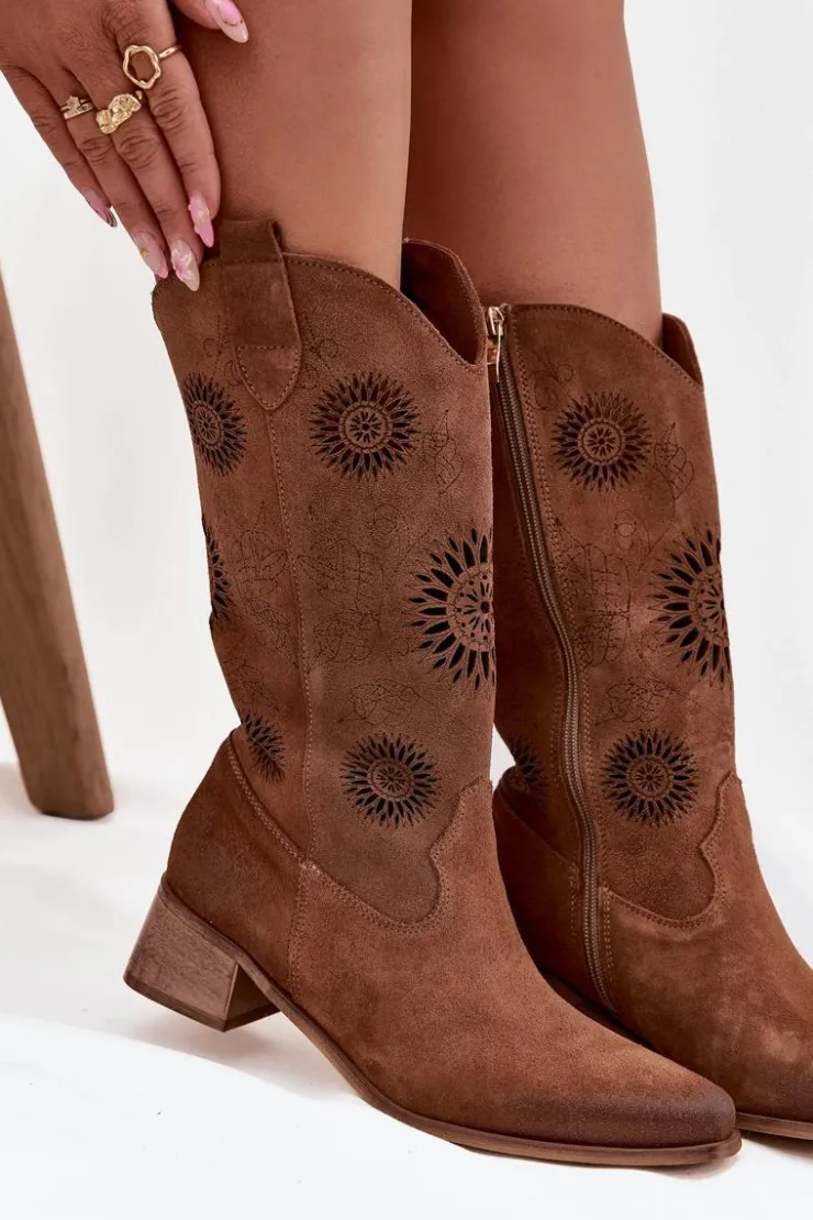 Clearance Zazoo Ażurowe Kozaki Damskie Z Naturalnego Zamszu Na Klocku 3793 Brązowe