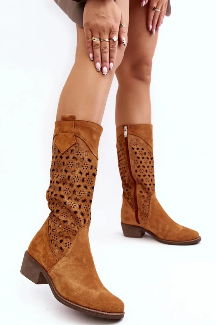 Boto Kozaki Wiosenne|Kozaki Ażurowe*Ażurowe Kozaki Damskie Zamszowe Na Niskim Obcasie Camel Ndulu