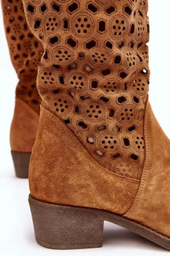 Boto Kozaki Wiosenne|Kozaki Ażurowe*Ażurowe Kozaki Damskie Zamszowe Na Niskim Obcasie Camel Ndulu