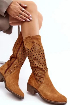 Boto Kozaki Wiosenne|Kozaki Ażurowe*Ażurowe Kozaki Damskie Zamszowe Na Niskim Obcasie Camel Ndulu