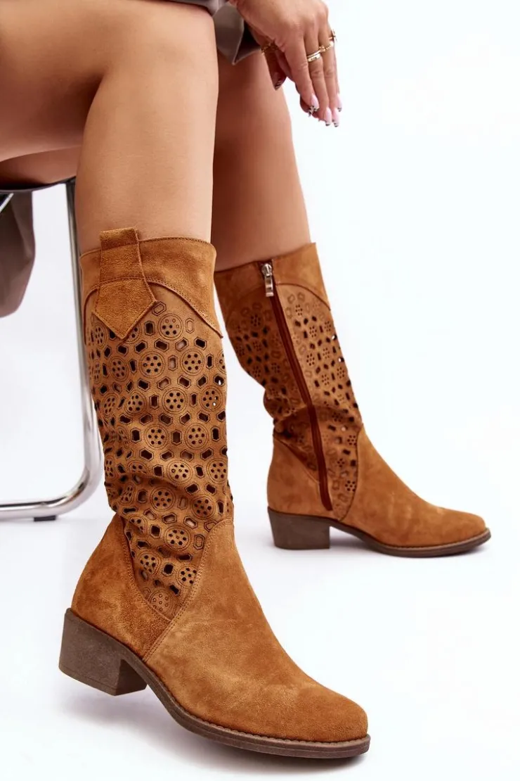 Boto Kozaki Wiosenne|Kozaki Ażurowe*Ażurowe Kozaki Damskie Zamszowe Na Niskim Obcasie Camel Ndulu