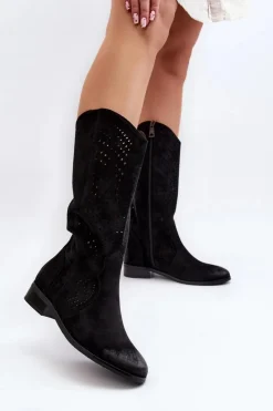 Damskie Buty damskie Vinceza Ażurowe Kozaki Do Połowy Łydki Czarne Kleorelia