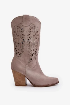 Boto Kozaki Na Słupku|Kozaki Ażurowe*Ażurowe Kozaki Do Połowy Łydki Na Słupku Zamszowe Lewski 3609 Cappucino Beżowy