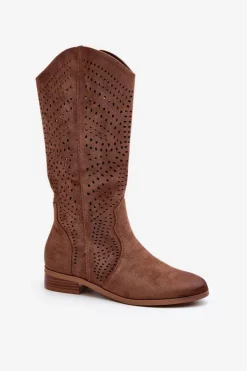 Damskie Buty damskie Vinceza Ażurowe Kozaki Do Połowy Łydki Brązowe Kleorelia