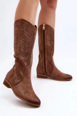 Damskie Buty damskie Vinceza Ażurowe Kozaki Do Połowy Łydki Brązowe Kleorelia