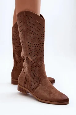 Damskie Buty damskie Vinceza Ażurowe Kozaki Do Połowy Łydki Brązowe Kleorelia