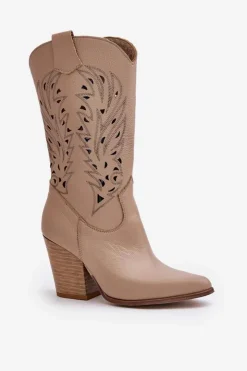 Boto Kozaki Ażurowe|Kozaki Na Obcasie*Ażurowe Kozaki Do Połowy Łydki Na Słupku Skórzane Lewski 3609 Beżowe