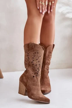 Damskie Boto Ażurowe Kozaki Do Połowy Łydki Na Słupku Zamszowe Lewski 3609 Brązowe