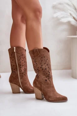 Damskie Boto Ażurowe Kozaki Do Połowy Łydki Na Słupku Zamszowe Lewski 3609 Brązowe