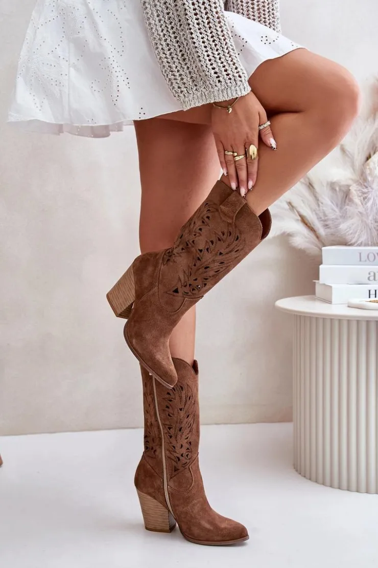 Damskie Boto Ażurowe Kozaki Do Połowy Łydki Na Słupku Zamszowe Lewski 3609 Brązowe