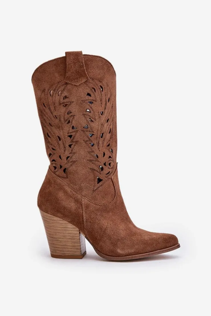 Damskie Boto Ażurowe Kozaki Do Połowy Łydki Na Słupku Zamszowe Lewski 3609 Brązowe