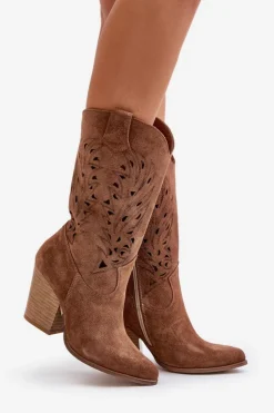 Damskie Boto Ażurowe Kozaki Do Połowy Łydki Na Słupku Zamszowe Lewski 3609 Brązowe