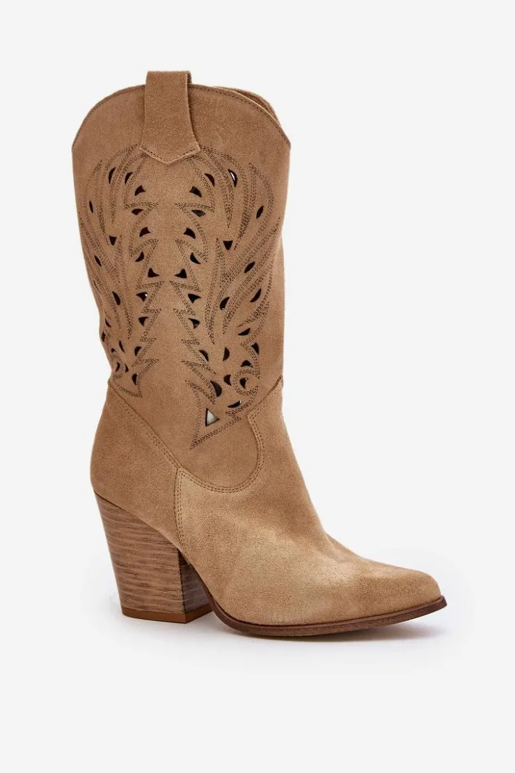 Online Boto Ażurowe Kozaki Do Połowy Łydki Na Słupku Zamszowe Lewski 3609 Beżowe