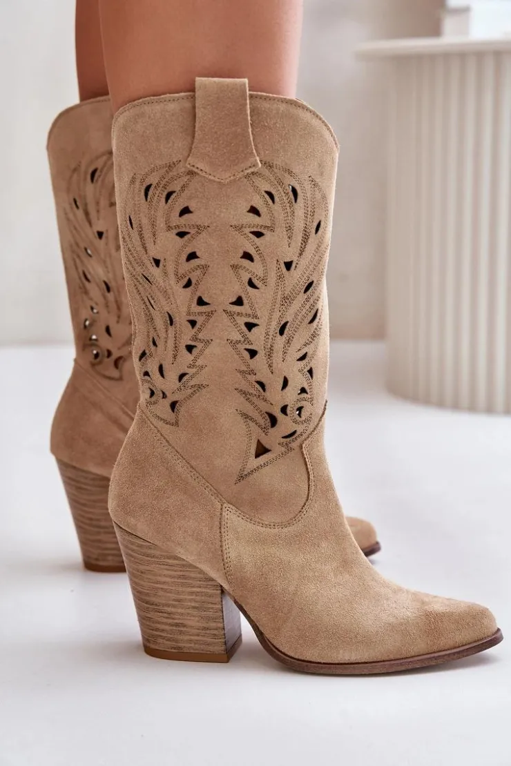 Online Boto Ażurowe Kozaki Do Połowy Łydki Na Słupku Zamszowe Lewski 3609 Beżowe