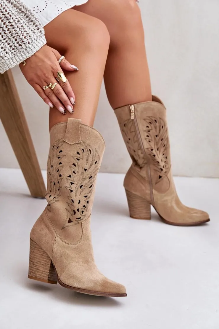 Online Boto Ażurowe Kozaki Do Połowy Łydki Na Słupku Zamszowe Lewski 3609 Beżowe