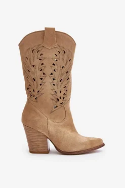 Online Boto Ażurowe Kozaki Do Połowy Łydki Na Słupku Zamszowe Lewski 3609 Beżowe