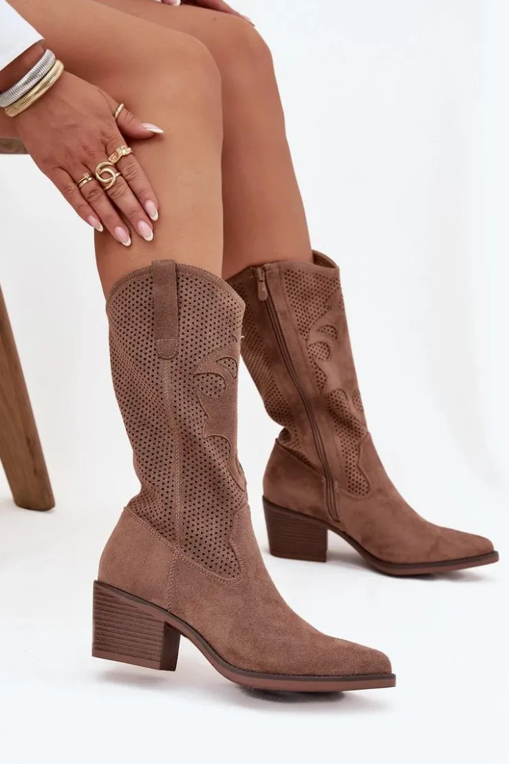 Online Boto Ażurowe Kozaki Kowbojki Damskie Na Obcasie Ciemnobeżowe Olivette