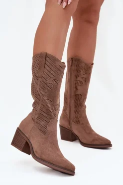 Online Boto Ażurowe Kozaki Kowbojki Damskie Na Obcasie Ciemnobeżowe Olivette