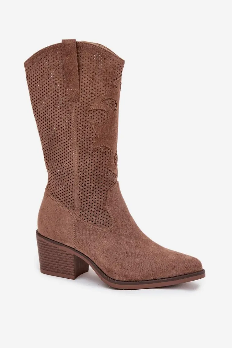 Online Boto Ażurowe Kozaki Kowbojki Damskie Na Obcasie Ciemnobeżowe Olivette