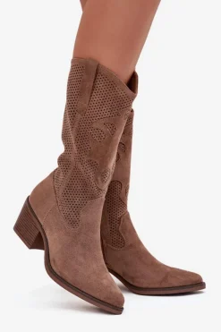 Online Boto Ażurowe Kozaki Kowbojki Damskie Na Obcasie Ciemnobeżowe Olivette