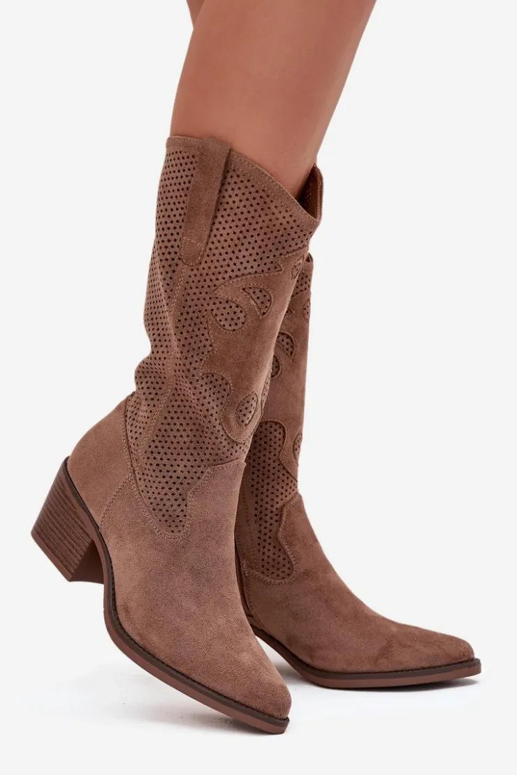 Online Boto Ażurowe Kozaki Kowbojki Damskie Na Obcasie Ciemnobeżowe Olivette