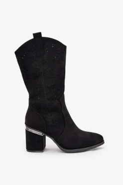 Discount Damskie buty S.Barski Ażurowe Kozaki Kowbojki Do Połowy Łydki S.Barski HY51-238 Czarne Czarny