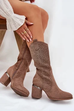 Damskie buty S.Barski Kozaki Na Słupku|Kozaki Ażurowe*Ażurowe Kozaki Kowbojki Do Połowy Łydki S.Barski HY51-238 Brązowe Brązowy