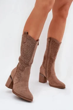 Damskie buty S.Barski Kozaki Na Słupku|Kozaki Ażurowe*Ażurowe Kozaki Kowbojki Do Połowy Łydki S.Barski HY51-238 Brązowe Brązowy