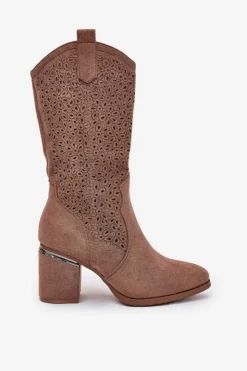 Damskie buty S.Barski Kozaki Na Słupku|Kozaki Ażurowe*Ażurowe Kozaki Kowbojki Do Połowy Łydki S.Barski HY51-238 Brązowe Brązowy