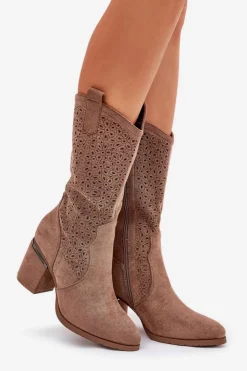 Damskie buty S.Barski Kozaki Na Słupku|Kozaki Ażurowe*Ażurowe Kozaki Kowbojki Do Połowy Łydki S.Barski HY51-238 Brązowe Brązowy