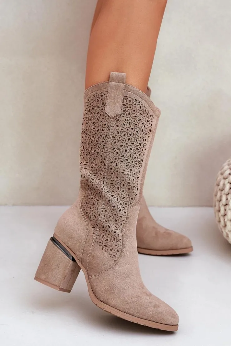 Damskie Damskie buty S.Barski Ażurowe Kozaki Kowbojki Do Połowy Łydki S.Barski HY51-238 Beżowe