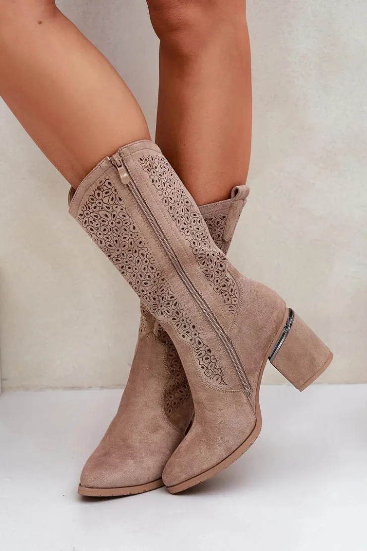 Damskie Damskie buty S.Barski Ażurowe Kozaki Kowbojki Do Połowy Łydki S.Barski HY51-238 Beżowe