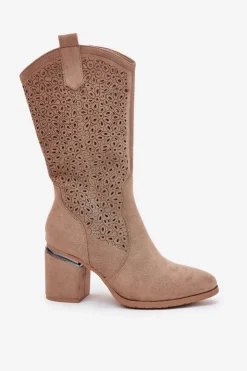 Damskie Damskie buty S.Barski Ażurowe Kozaki Kowbojki Do Połowy Łydki S.Barski HY51-238 Beżowe