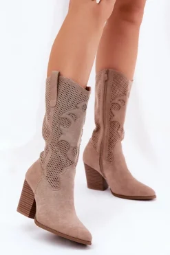 Damskie Damskie buty S.Barski Ażurowe Kozaki Kowbojki Na Słupku S.Barski HY51-606 Beżowe
