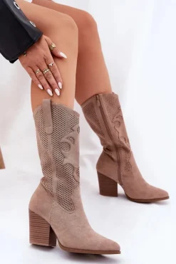 Damskie Damskie buty S.Barski Ażurowe Kozaki Kowbojki Na Słupku S.Barski HY51-606 Beżowe