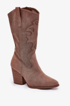 Discount Damskie buty S.Barski Ażurowe Kozaki Kowbojki Na Słupku S.Barski HY51-606 Brązowe Brązowy