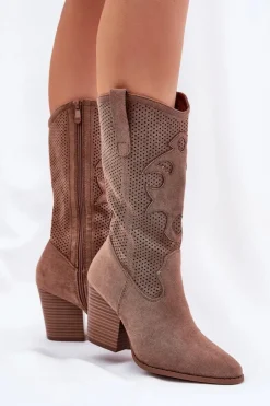 Discount Damskie buty S.Barski Ażurowe Kozaki Kowbojki Na Słupku S.Barski HY51-606 Brązowe Brązowy