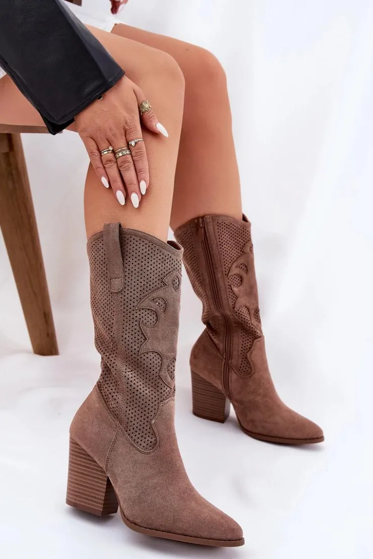 Discount Damskie buty S.Barski Ażurowe Kozaki Kowbojki Na Słupku S.Barski HY51-606 Brązowe Brązowy