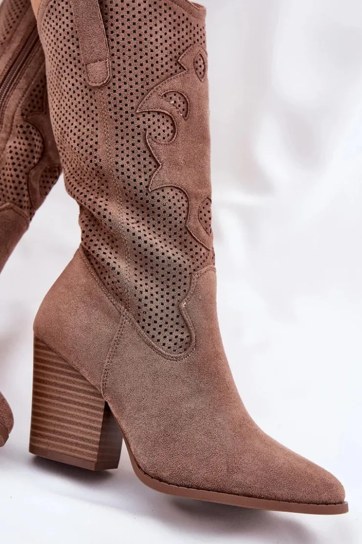 Discount Damskie buty S.Barski Ażurowe Kozaki Kowbojki Na Słupku S.Barski HY51-606 Brązowe Brązowy