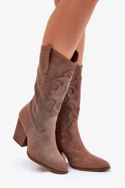 Discount Damskie buty S.Barski Ażurowe Kozaki Kowbojki Na Słupku S.Barski HY51-606 Brązowe Brązowy