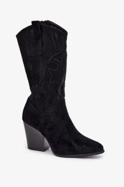 Damskie buty S.Barski Kozaki Na Słupku|Kozaki Ażurowe*Ażurowe Kozaki Kowbojki Na Słupku S.Barski HY51-606 Czarne Czarny