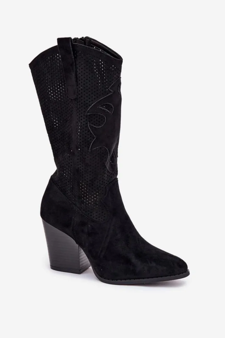 Damskie buty S.Barski Kozaki Na Słupku|Kozaki Ażurowe*Ażurowe Kozaki Kowbojki Na Słupku S.Barski HY51-606 Czarne Czarny