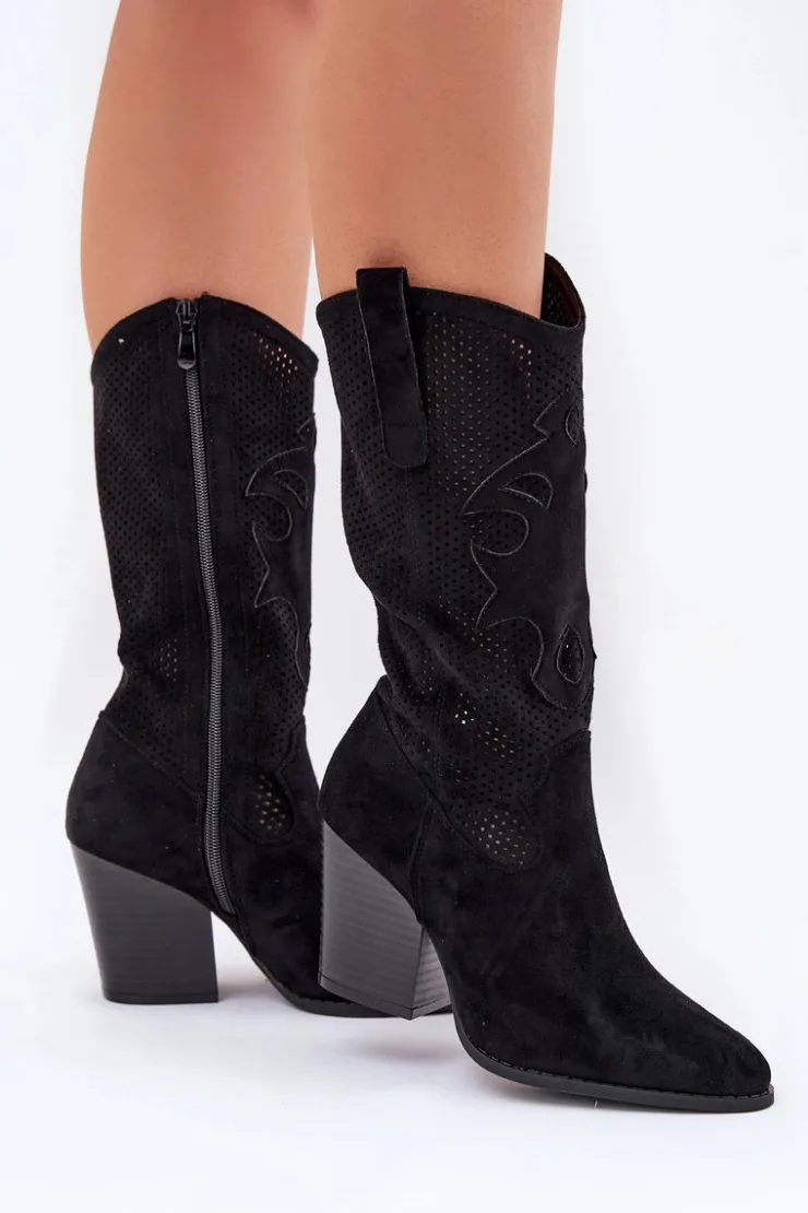 Damskie buty S.Barski Kozaki Na Słupku|Kozaki Ażurowe*Ażurowe Kozaki Kowbojki Na Słupku S.Barski HY51-606 Czarne Czarny