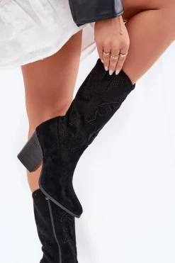 Damskie buty S.Barski Kozaki Na Słupku|Kozaki Ażurowe*Ażurowe Kozaki Kowbojki Na Słupku S.Barski HY51-606 Czarne Czarny