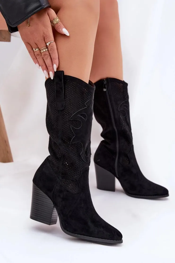 Damskie buty S.Barski Kozaki Na Słupku|Kozaki Ażurowe*Ażurowe Kozaki Kowbojki Na Słupku S.Barski HY51-606 Czarne Czarny