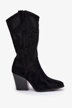 Damskie buty S.Barski Kozaki Na Słupku|Kozaki Ażurowe*Ażurowe Kozaki Kowbojki Na Słupku S.Barski HY51-606 Czarne Czarny