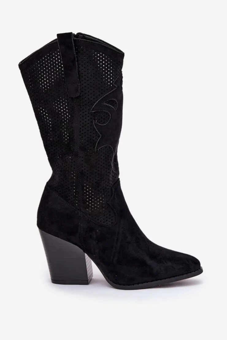 Damskie buty S.Barski Kozaki Na Słupku|Kozaki Ażurowe*Ażurowe Kozaki Kowbojki Na Słupku S.Barski HY51-606 Czarne Czarny