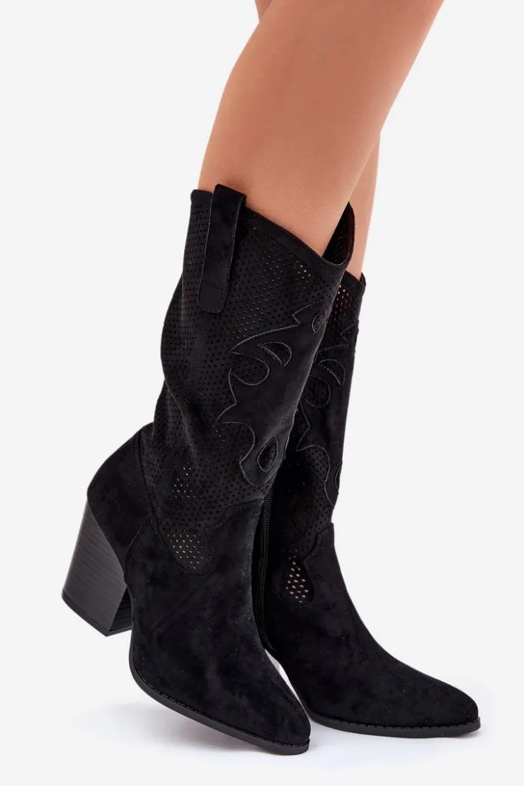 Damskie buty S.Barski Kozaki Na Słupku|Kozaki Ażurowe*Ażurowe Kozaki Kowbojki Na Słupku S.Barski HY51-606 Czarne Czarny